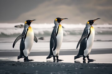 Three Kings Penguins on Beach. Photo generative AI