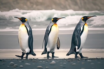 Obraz premium Three Kings Penguins on Beach. Photo generative AI