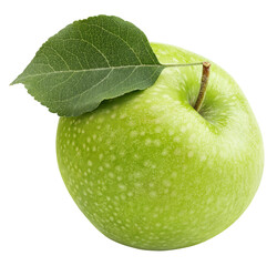 One ripe green apple fruit with green leaf isolated on transparent background. Granny smith apple