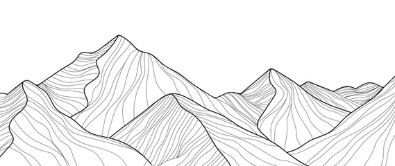 Black and white mountain line art wallpaper. Contour drawing luxury scenic landscape background design illustration for cover, invitation background, packaging design, fabric, banner and print.
