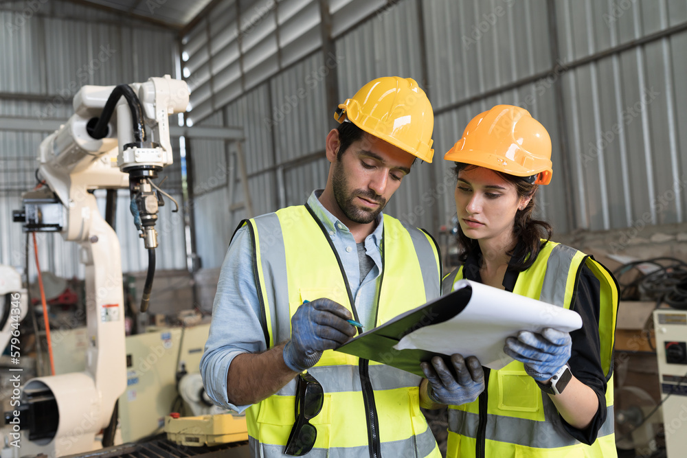 Poster male and female technician control robot arm system welding with robot controller at production plan