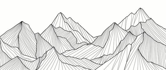 Black and white mountain line art wallpaper. Contour drawing luxury scenic landscape background design illustration for cover, invitation background, packaging design, fabric, banner and print.