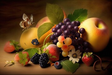 Naklejka na ściany i meble A romantic spring fruits illustration. Concept: A background like a painting of seasonal fruits like grapes, strawberries or apples. Generative ai