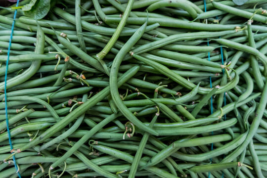 High angle view of green beans for sale at market stall