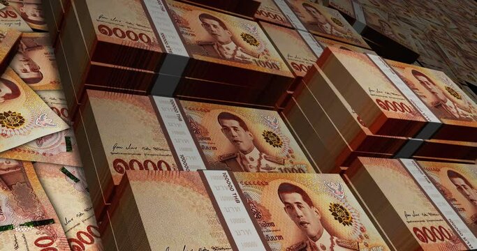 Thai Baht 1000 THB banknote pack pile loop. Flying over money stack Thailand note. 3D Abstract concept of business, economy, finance, crisis and banking.