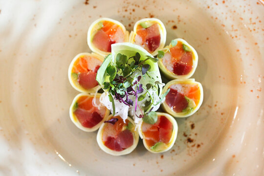 Overhead view of appetizers served in plate