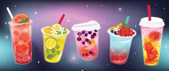 Ice tea summer drinks special promotions design. Fresh yummy drinks, beverage, soft drinks, sparkling lemon juice with topping on galaxy background. Doodle style for advertisement, banner, poster. 