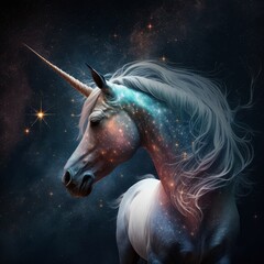 Obraz na płótnie Canvas Unicorn in space with stars and nebula. Fantasy Generative AI