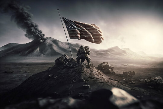 Illustration of United States marines raising the flag at Iwo Jima, US Marine Corps War Memorial, generative ai