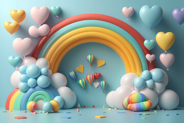 Generative AI of rainbow, balloons and confetti in pastel colors
