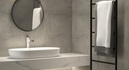 Modern loft white marble vanity counter, ceramic washbasin, black round mirror, black steel towel rack and polished cement wall bathroom for beauty, fashion, cosmetic, toiletries product background 3D