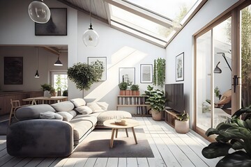 Scandinavian style living room with a skylight in the ceiling and a garden, interior scene and mockup. Generative AI - obrazy, fototapety, plakaty