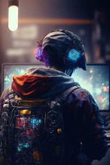 Obraz premium Gamer playing video games in a futuristic interior. Back view of a man sitting in front of a monitor. Colorful blue modern lights. Generative ai