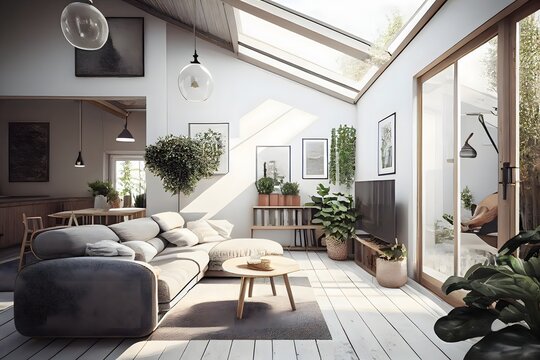 Scandinavian style living room with a skylight in the ceiling and a garden, interior scene and mockup. Generative AI