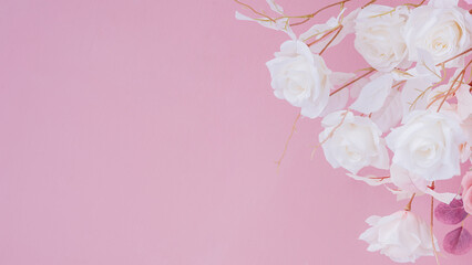 white roses on pink pastel 
background. romatic background.
