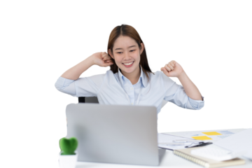 Young Asian female employee is doing a relaxing posture after a hard morning's work, Happy women resting at work after work is finished, Fatigue is eased, Women working in the office.