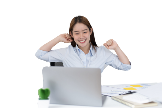 Young Asian female employee is doing a relaxing posture after a hard morning's work, Happy women resting at work after work is finished, Fatigue is eased, Women working in the office.