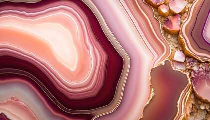 Generative AI, natural volcanic agate stones close-up pink magenta and golden texture. Wallpaper background, quartz marble, decorative rock pattern - obrazy, fototapety, plakaty