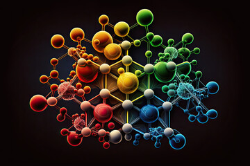 colorful drawing of an abstract complex molecule in red, yellow, blue, and green on a black - obrazy, fototapety, plakaty