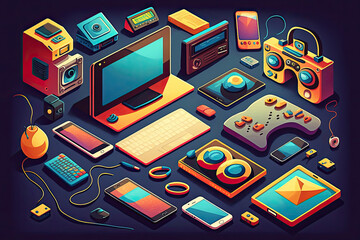 collection of icons representing popular electronic devices, such as smartphones, laptops, tablets, and gaming consoles