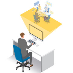 アイソメトリック_オンラインでミーティング（会議）をする男女