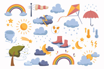 Fototapeta Funny and cute weather icons set concept without people scene in the flat cartoon design. Image of various weather conditions and natural phenomena. Vector illustration. obraz