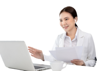 Young Asian women are talking friends and manager through video chats and greeting them with cheerful expressions, Online communication , Stay home, New normal, VDO Call, Internet working.