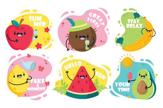 Set concept Cute Summer Fruits With Motivational Text without people scene in the flat cartoon design. Funny pictures of summer fruits. Vector illustration.