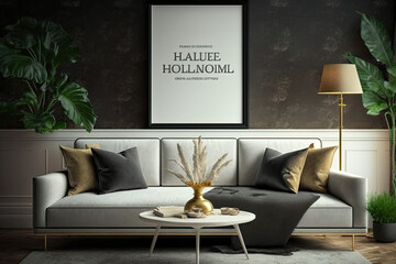 Poster frame mock-up in home interior background with sofa, table and decor in living room, generative AI