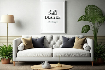 Poster frame mock-up in home interior background with sofa, table and decor in living room, generative AI