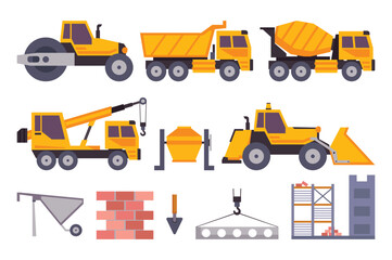 Flat construction equipment collection concept without people scene in the flat cartoon style. The equipment required for the construction of large buildings. Vector illustration.