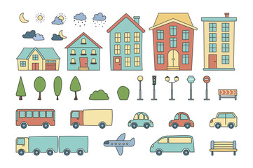 Elements for the creation of a city, hand drawn concept without people scene in the flat cartoon design. Image of elements of big cities. Vector illustration.
