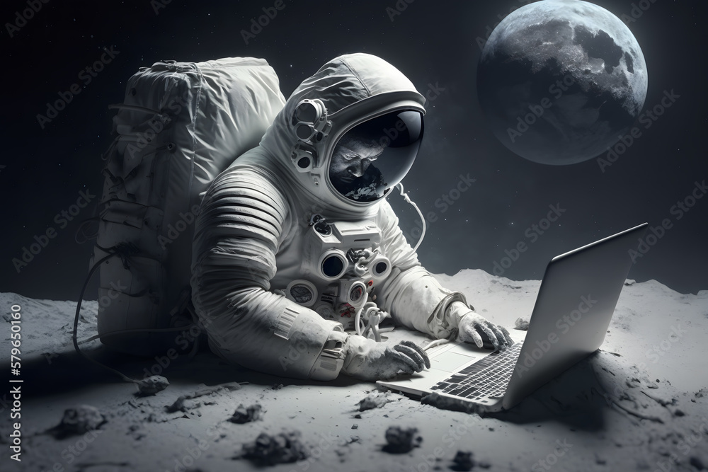 Wall mural astronaut in outer space working on a laptop. neural network ai generated art