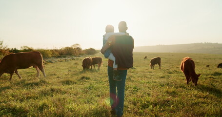 Family, farm and cattle with a girl and father walking on a field or grass meadow in the agricultural industry. Agriculture, sustainability and farming with a man farmer and daughter tending the cows - Powered by Adobe