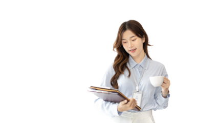 Office worker with a beautiful Asian woman in a private office, Daily routine of office workers, Welcome to work in the morning with a bright smile, Businesswoman in office concept.