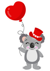 Cute koala with red hat holding a heart balloon