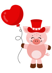 Cute pig with red hat holding a heart balloon
