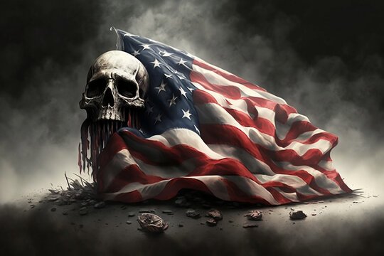 The Death of freedom in America, American flag, human skull, generative ai