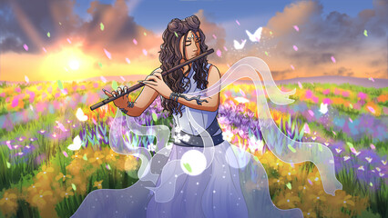 Girl playing flute in love with nature