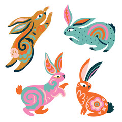 Fototapeta na wymiar Four Oriental Rabbits with folk ornaments inside