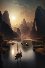 River Serenade: Majestic Chinese Landscape with Sunset Glow, Boats, and Mountains