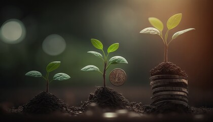 Fototapeta na wymiar Growing plants on coins stacked on green blurred backgrounds and natural light with financial ideas. Generative ai