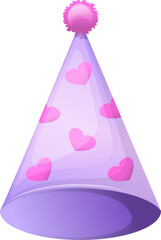 flat cartoon design illustration of colored hat for birthday party. vector - illustration. purple with pink hearts  birthday hats isolated on white background. Vector cones
