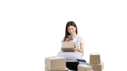 Woman taking a photo of product in box postbox with a mobile phone, Identity verification or order confirmation, Business style for working at home, Working at home and owning businesses.