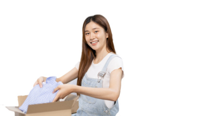 Woman is packing in the mailbox to prepare to deliver it to the customer, Working at home and owning businesses, Online shopping SME entrepreneur, Packing box, Sell online, Freelance working.