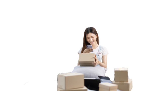 Woman taking a photo of product in box postbox with a mobile phone, Identity verification or order confirmation, Business style for working at home, Working at home and owning businesses.