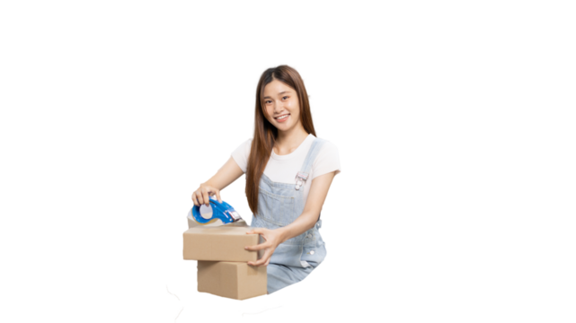 Woman is packing in the mailbox to prepare to deliver it to the customer, Working at home and owning businesses, Online shopping SME entrepreneur, Packing box, Sell online, Freelance working.