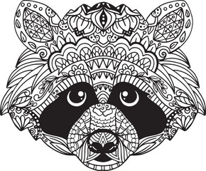 Hand drawn raccoon doodle with flower decorative elements. Coloring page for adult and kids. Vector Illustration

