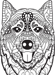Hand-drawn a Siberian Husky doodle with flower decorative elements design. Coloring page for adults and kids. Vector Illustration
