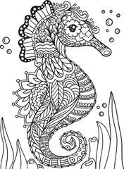 Hand-drawn Seahorse doodle with flower decorative elements design. Coloring page for adults and kids. Vector Illustration
